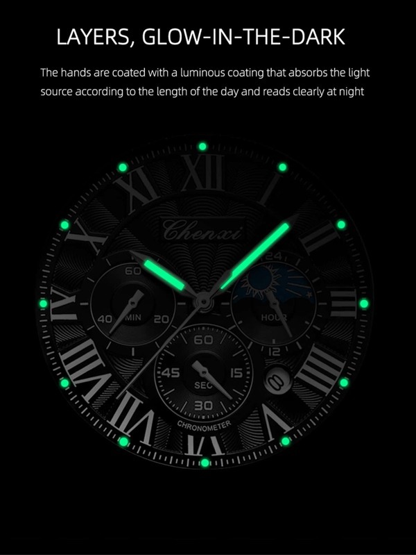 腕時計 メンズ クォーツ メンズ 防水クォーツ カレンダー ウォッチ ローマ数字スケール、ムーンフェイズ、ストップウォッチ機能を備_画像2