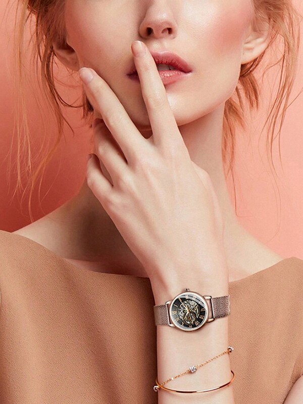 腕時計 レディース 機械式 1個の女性用ファッショナブルなローズゴールド機械式時計、夜光針と超薄型メッシュステンレススチールストラ_画像3