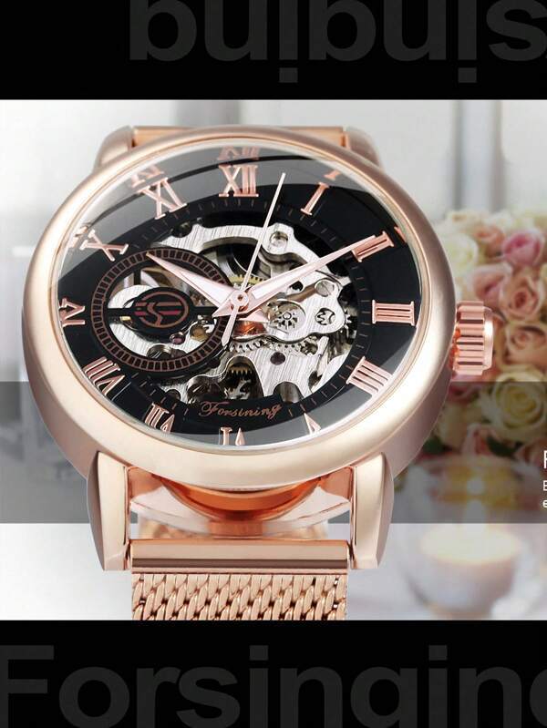 腕時計 レディース 機械式 1個の女性用ファッショナブルなローズゴールド機械式時計、夜光針と超薄型メッシュステンレススチールストラ_画像5