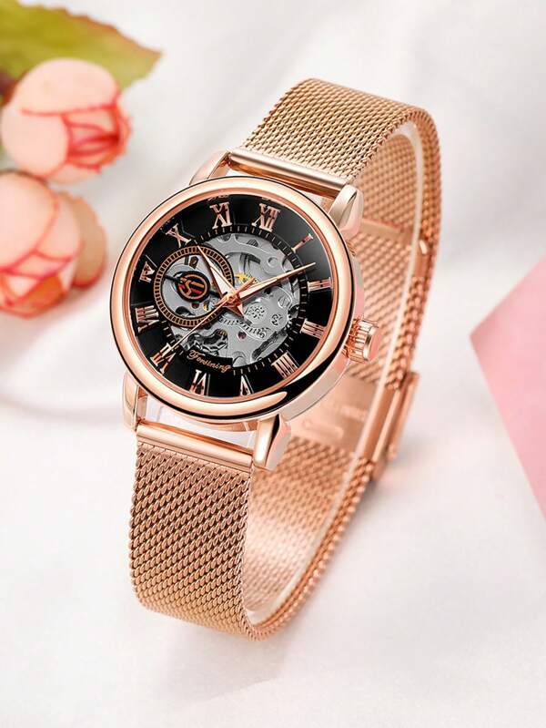 腕時計 レディース 機械式 1個の女性用ファッショナブルなローズゴールド機械式時計、夜光針と超薄型メッシュステンレススチールストラ_画像4