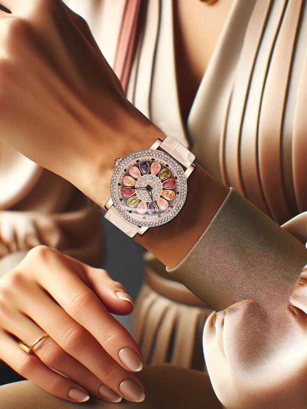 腕時計 レディース クォーツ 1 エレガントな女性のローズゴールド亜鉛合金クォーツ時計カラフルなダイヤモンドの装飾回転フラワーデザ_画像5
