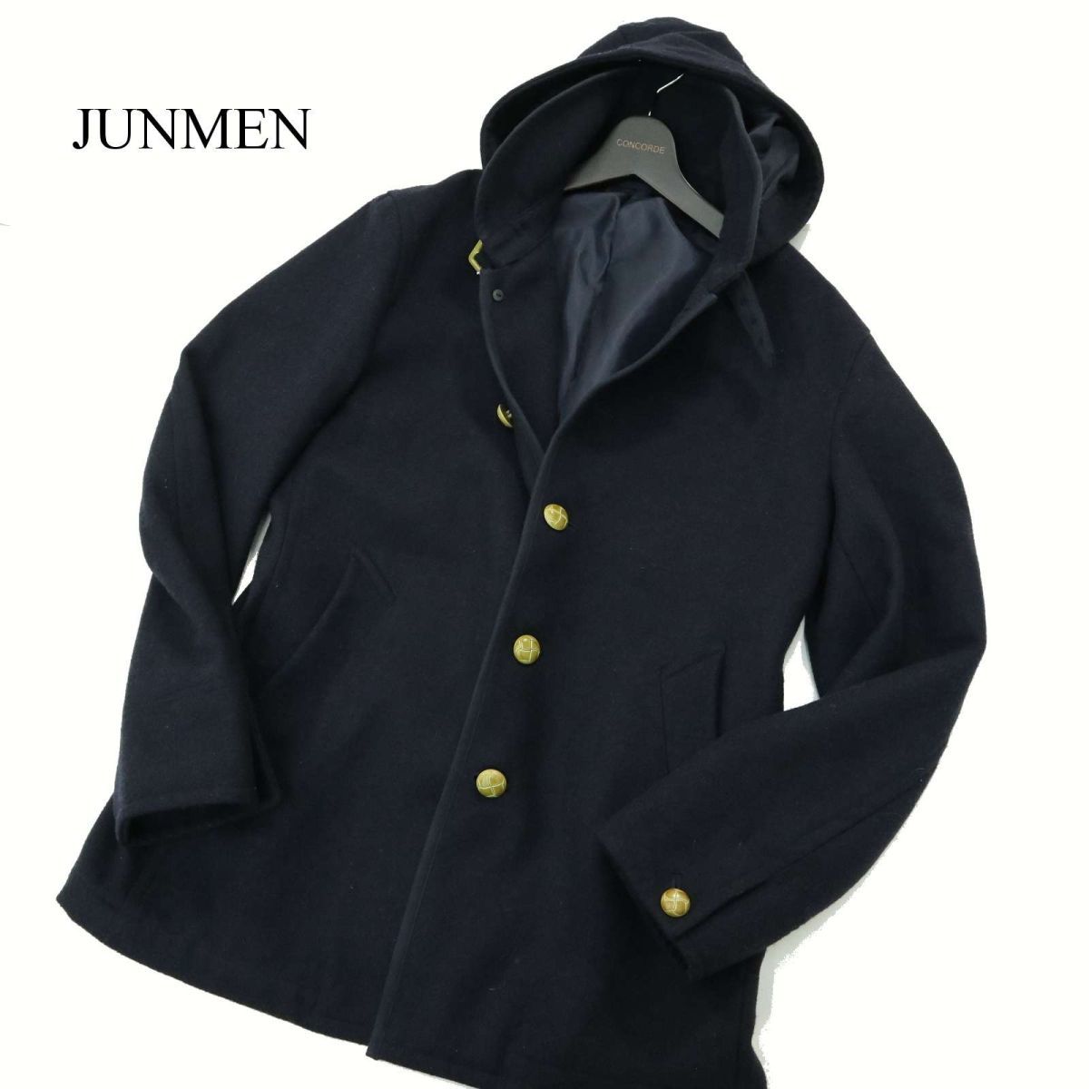 JUNMEN ジュンメン 秋冬 ウール混★ フード着脱可 シングル ジャケット コート Sz.L1　メンズ ネイビー　A3T14858_C#N_画像1