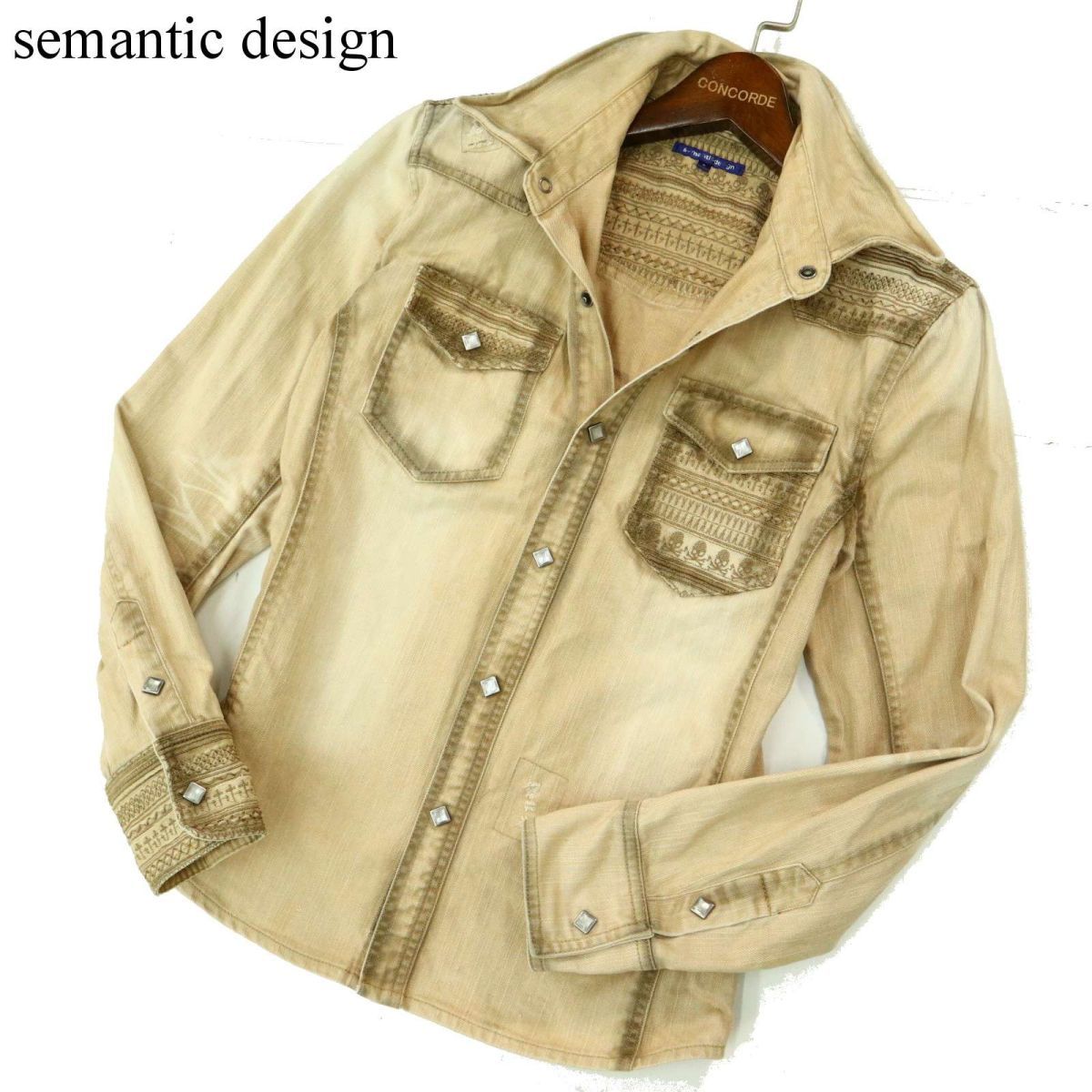 semantic design セマンティック デザイン 通年 スカル刺繍★ USED加工 長袖 ウエスタン デニム シャツ Sz.S　メンズ　A3T15019_C#C_画像1