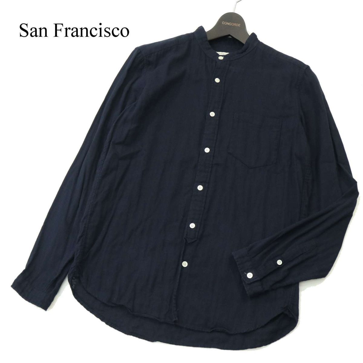 San Francisco サンフランシスコ ハリラン 通年 バンドカラー★ 長袖 ガーゼ シャツ Sz.M　メンズ ネイビー 日本製　A3T15226_C#C_画像1