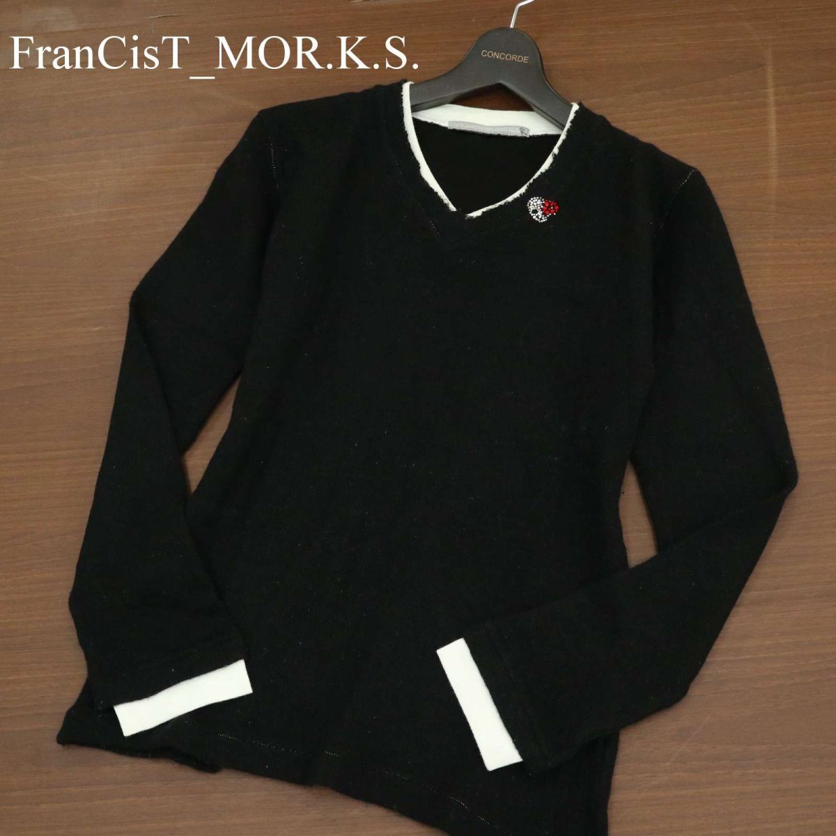 FranCisT_MOR.K.S. フランシストモークス スカル スワロ★ レイヤード風 ウール混 Vネック ニット セーター Sz.3　メンズ 黒　A3T15316_C#K_画像1