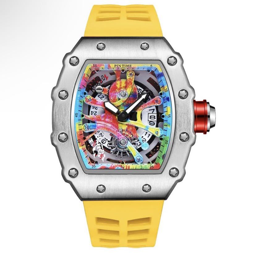 【日本未発売 アメリカ価格20,000円】PINTIME トゥールビヨンオマージュ メンズ腕時計 高級腕時計 ラバーベルト