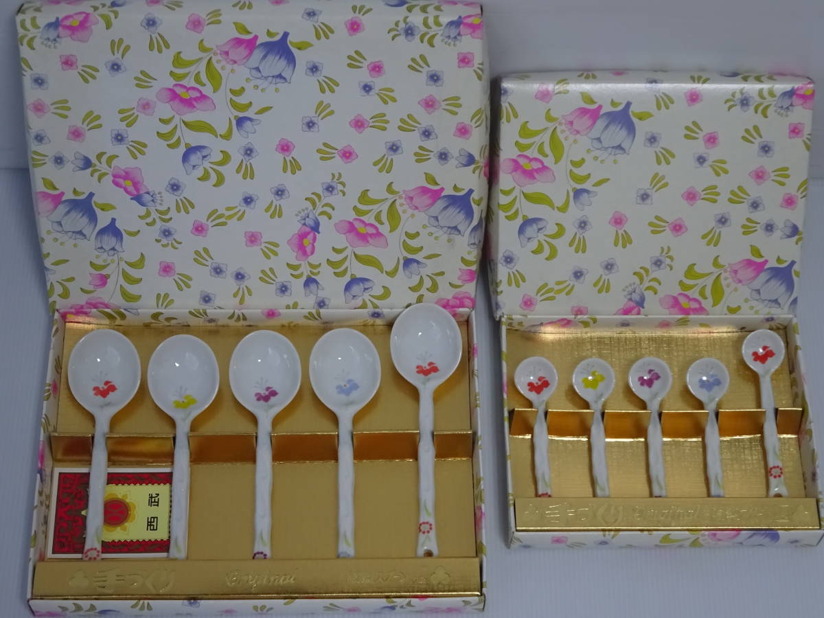  unused long-term keeping goods kaito original ceramics spoon 5 pcs set 2 box summarize KA539 KA527 hand ... ceramics made floral print Showa Retro 