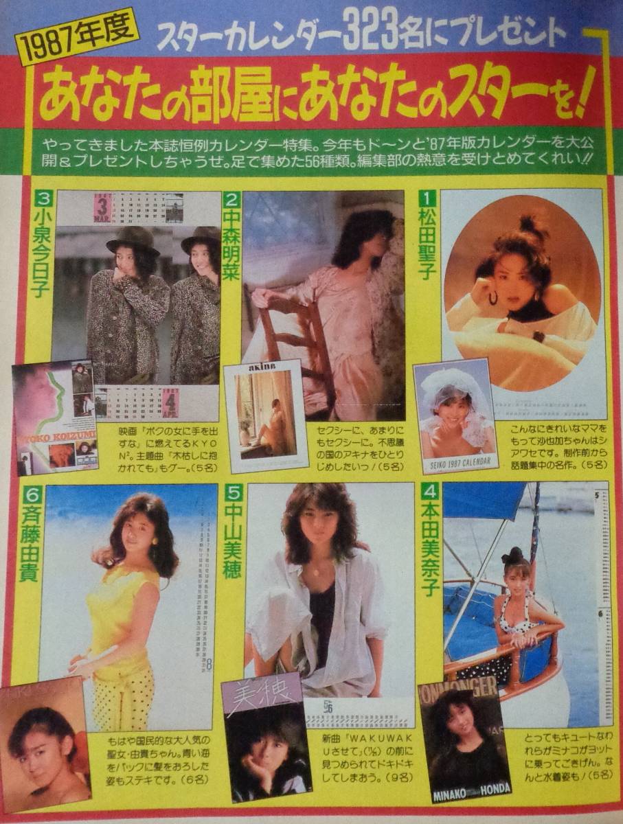 ★週刊明星　通巻1446号　1986年11月27日　河合奈保子/新田恵利/原田知世/早見優/三田寛子/高井麻巳子/斉藤由貴/片岡鶴太郎 他_画像6