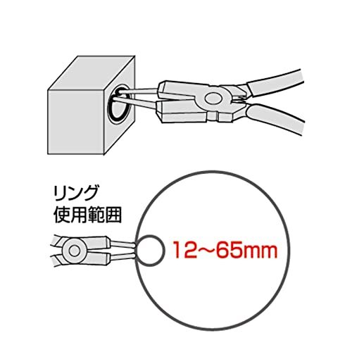 フジ矢 スナップリングプライヤー (握ると先端が閉じる穴用・直爪)先端直径φ2.0mm リング範囲12-65mm 替え爪式 185の画像5