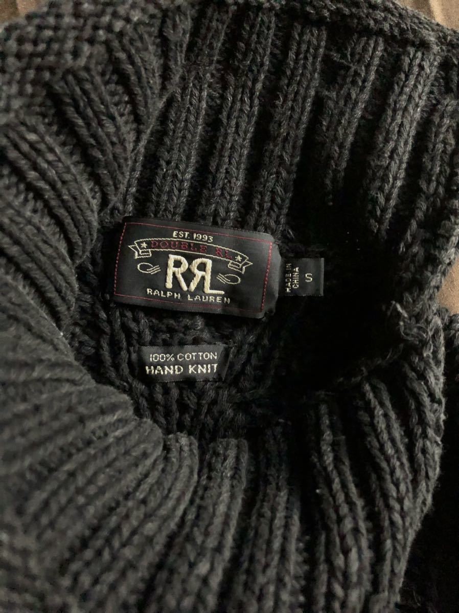 【傑作】美品 RRL MOCK NECK BLACK INDIGO HAND KNIT ダブルアールエル ブラック インディゴ アラン モックネック ニット セーター S〜M_画像5
