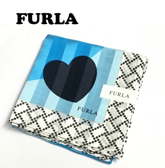 【FURLA】（NO.2160)　フルラ　大判ハンカチ　シルク　絹　スカーフにも　ハート柄　ブルー系 　未使用　58cm_画像1
