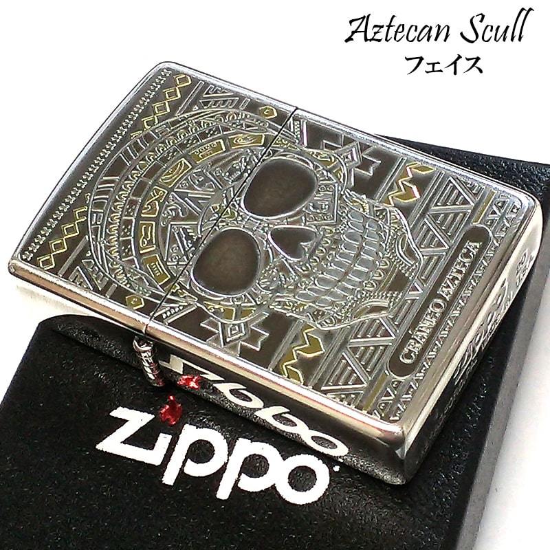 ZIPPO アステカンスカル フェイス ジッポ ライター 骸骨 かっこいい 彫刻 クロス シルバーイブシ ドクロ 両面加工_画像2