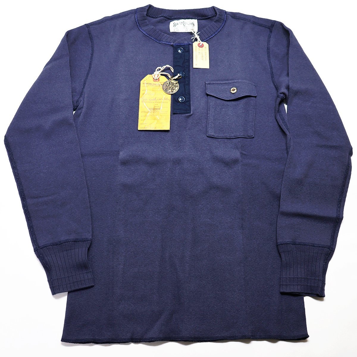 SugarCane (シュガーケーン) Heavy Cotton L/S Henley Neck Tee / ヘビーコットン ヘンリーネックTシャツ sc67160 未使用品 NAVY size XL_画像1