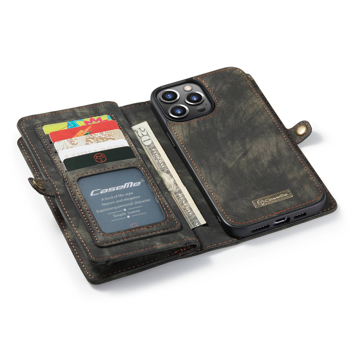 iPhone 13 pro レザーケース iPhone13 pro ケース アイフォン13 プロ カバー 手帳型 カード収納 ファスナー付き 財布型 ブラックの画像3