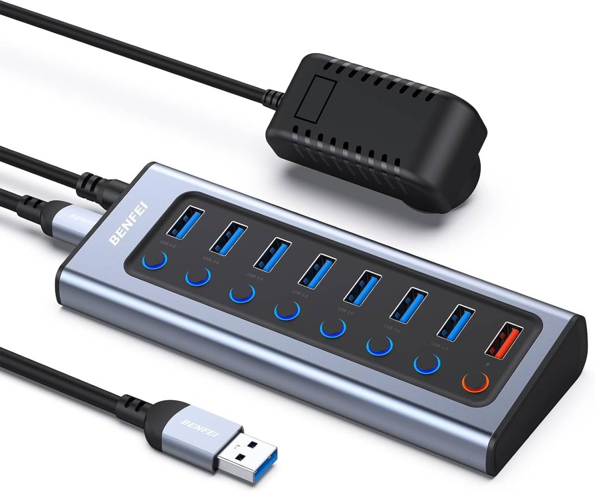BENFEI 電源アダプター付き USB ハブ、8 ポート (7 つの高速データ転送ポート + 1 つのスマート充電ポート)、個別オン/オフ スイッチ付き_画像1