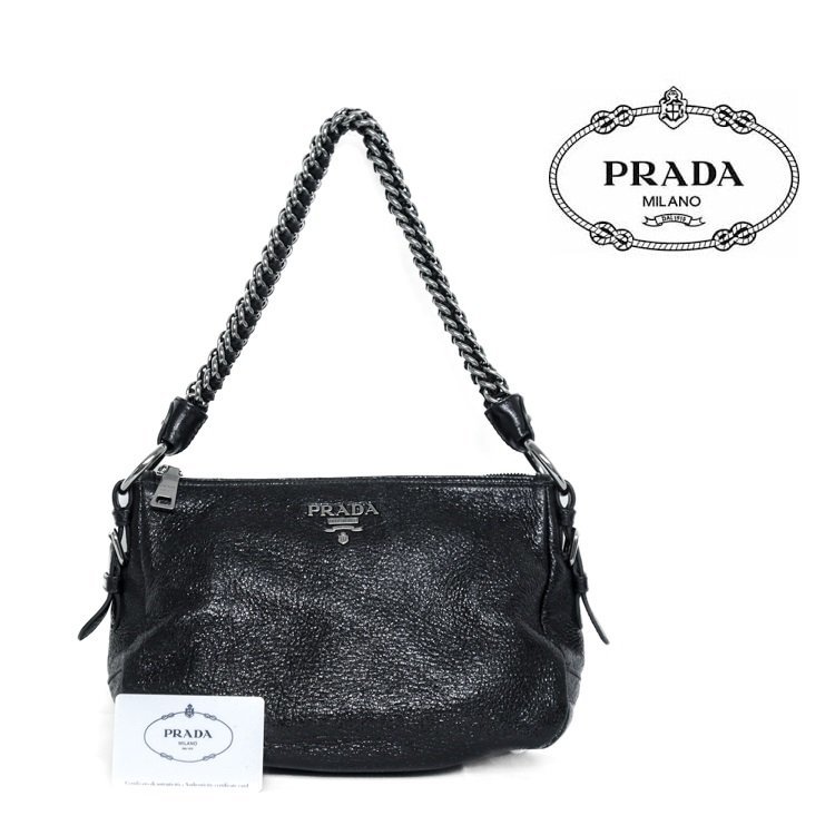 【1円/良品】プラダ PRADA セミショルダーバッグ ワンショルダー チェーンショルダー BR4370 CERVO LUX ラメ入り鹿革 ブラック シルバー_画像1