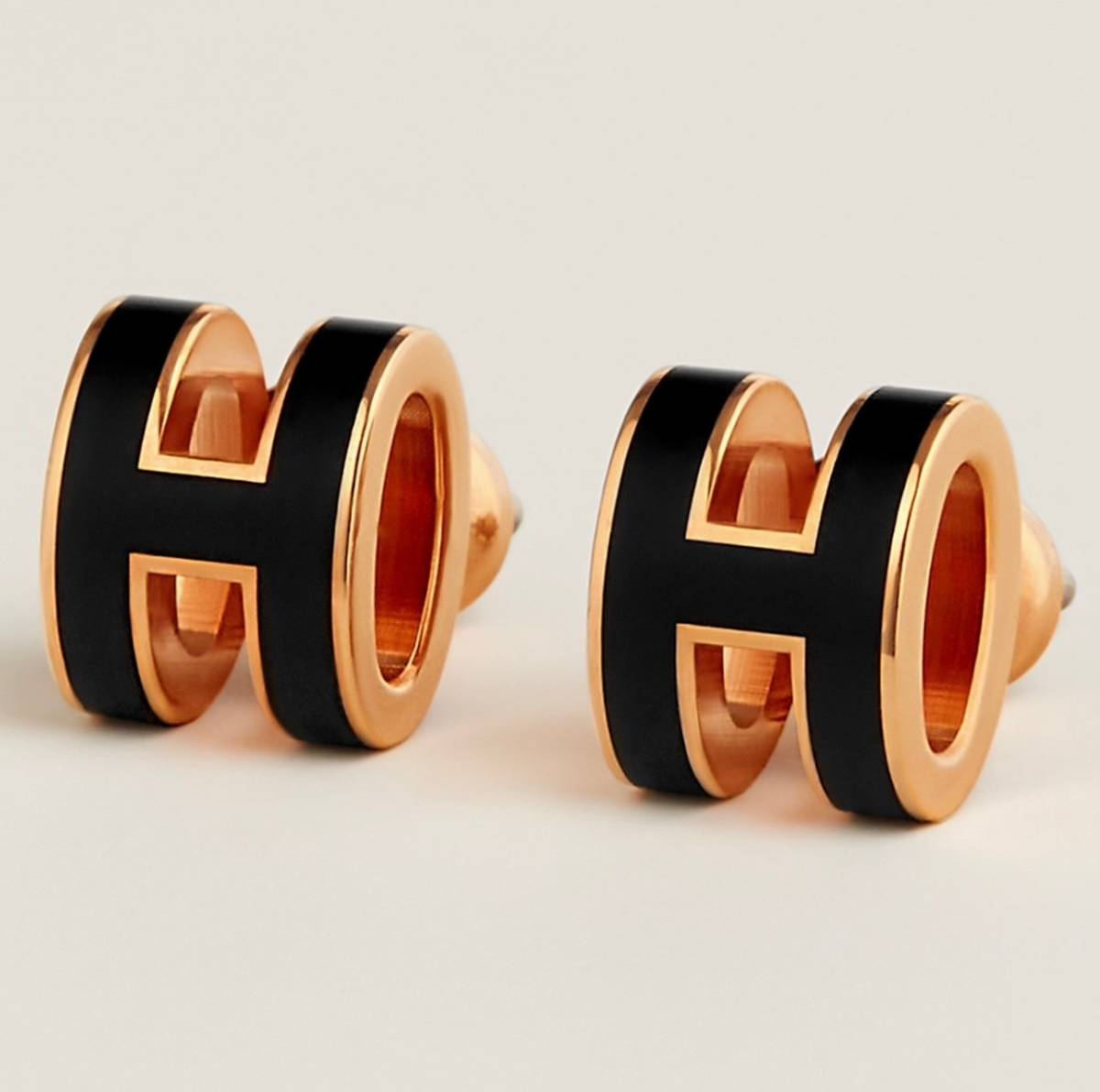 新品 エルメス ミニ ポップ H ピアス ブラック ピンクゴールド プレゼント New HERMES Mini Pop H Earrings Noir