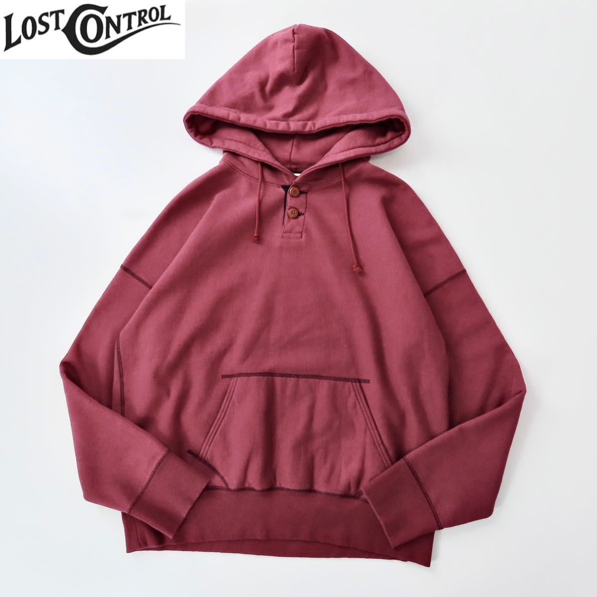 20AW 試着のみ LOST CONTROL PULL OVER DS PARKA ロストコントロール ヘンリーネックスウェットパーカー 3 フェードバーガンディ 裏起毛_画像2