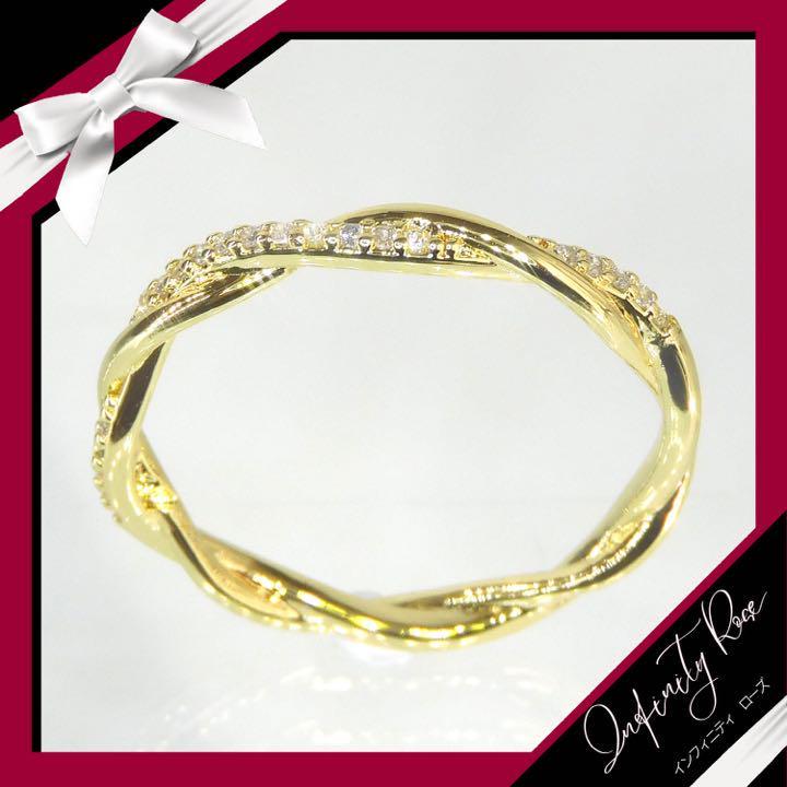 （R005G）19号　ゴールドツイスト可愛い繊細な細身ジルコニアリング　指輪