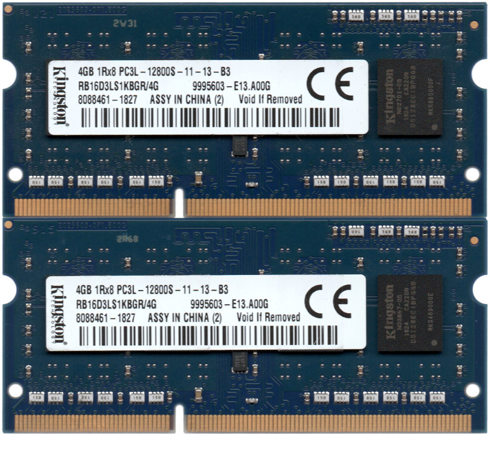 【DDR3 4GBx2枚 合計8GB ノートPC用】＜動作確認済＞Kingston 低電圧 1.35V DDR3L-1600 (PC3L-12800S) RB16D3LS1KBGR/4G x 2枚【中古】H894_写真の商品をお届けいたします！