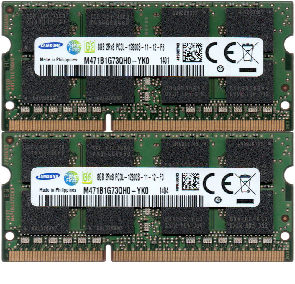 【DDR3 8GBx2枚 合計16GB ノートPC用】＜動作確認済＞SAMSUNG 低電圧 1.35V DDR3L-1600 (PC3L-12800S) M471B1G73QH0-YK0 2枚【中古】H924_1.35V / 1.5V 両対応のメモリです。