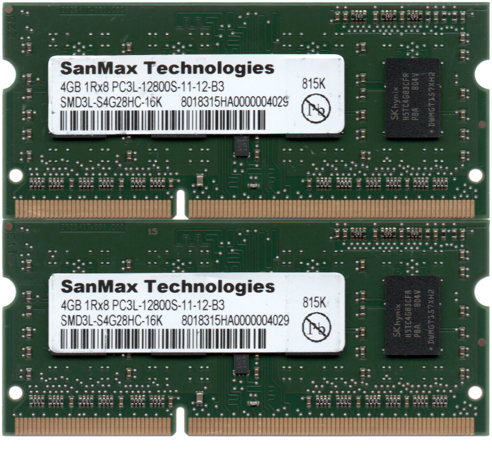 【DDR3 4GBx2枚 合計8GB ノートPC用】＜動作確認済＞SanMax 低電圧 1.35V DDR3L-1600 (PC3L-12800S) SMD3L-S4G28HC-16K x 2枚【中古】H912_写真の商品をお届けいたします！