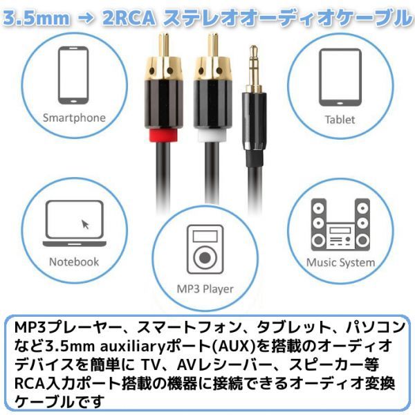 3.5mm ステレオミニプラグ to 2RCA(赤/白) 変換 テレオオーディオケーブル 2m 金メッキ TV等に2miPhone iPod（Android）MP4AUX他の3.5mmオの画像3