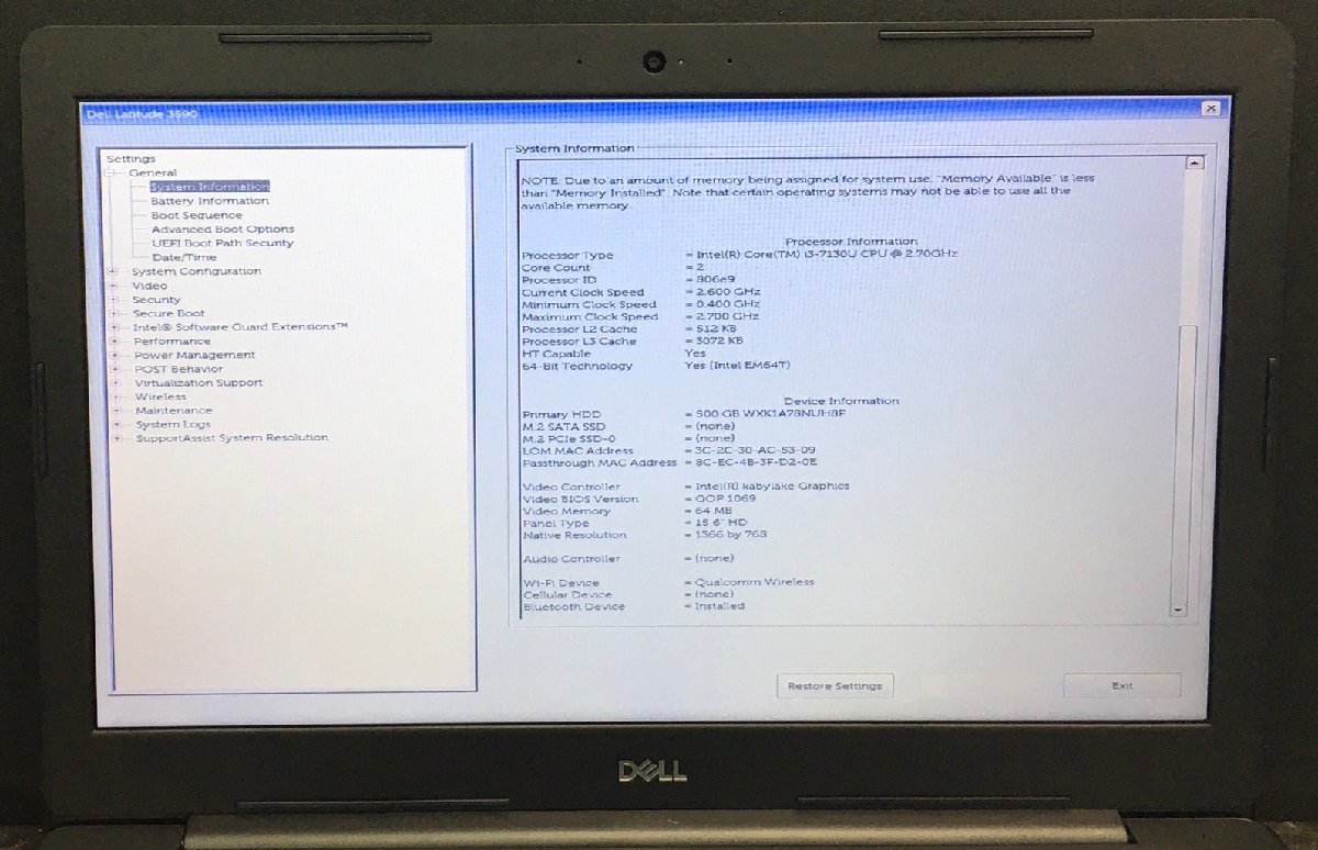 1円～ ■ジャンク DELL LATITUDE 3590 / 第7世代 / Core i3 7130U 2.70GHz / メモリ 4GB / HDD 500GB / 15.6型 / OS有り / BIOS起動可_画像3