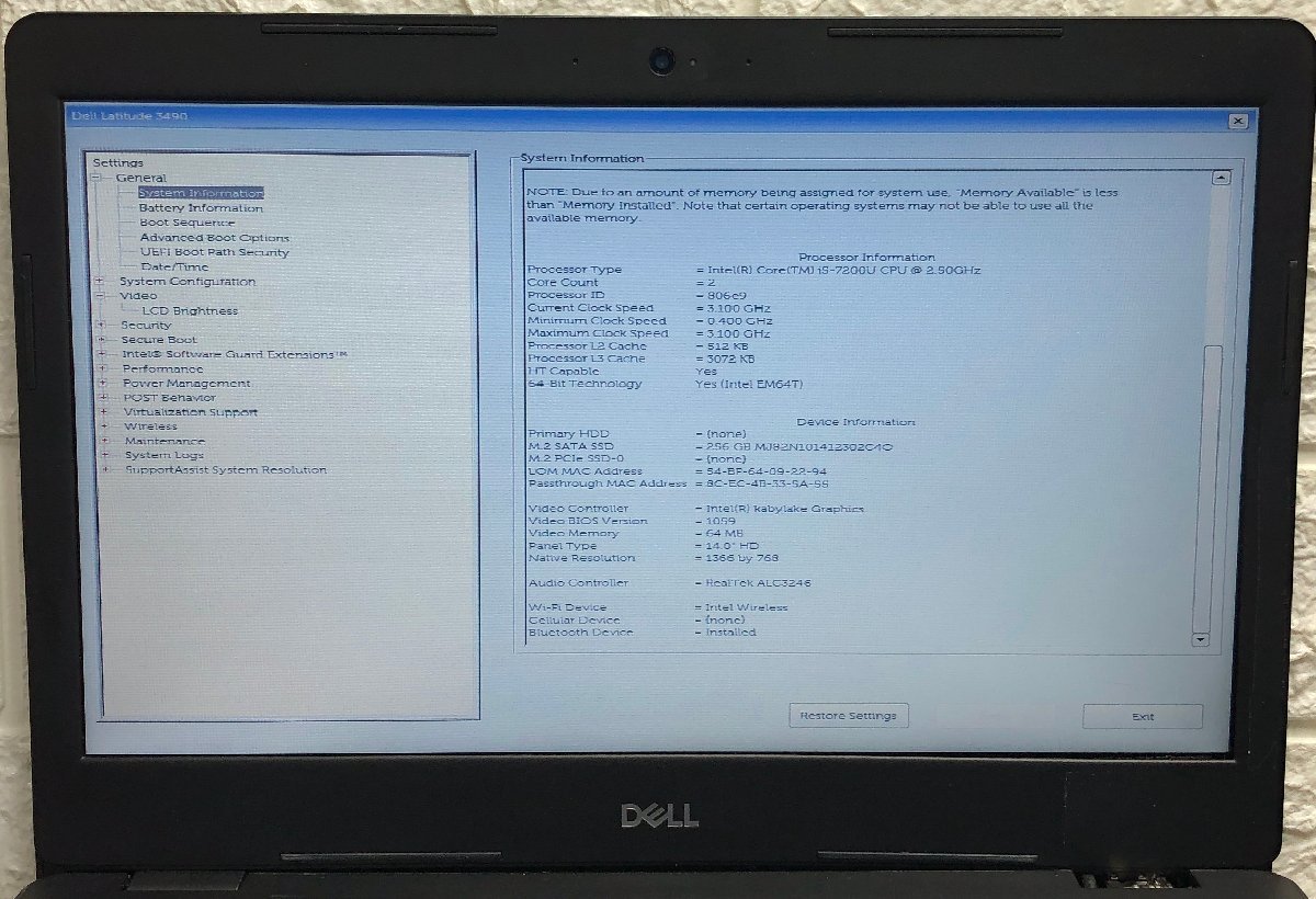 1円～ ■ジャンク DELL LATITUDE 3490 / 第7世代 / Core i5 7200U 2.50GHz / メモリ 8GB / SSD 256GB / 14型 / OS無し / BIOS起動可_画像2