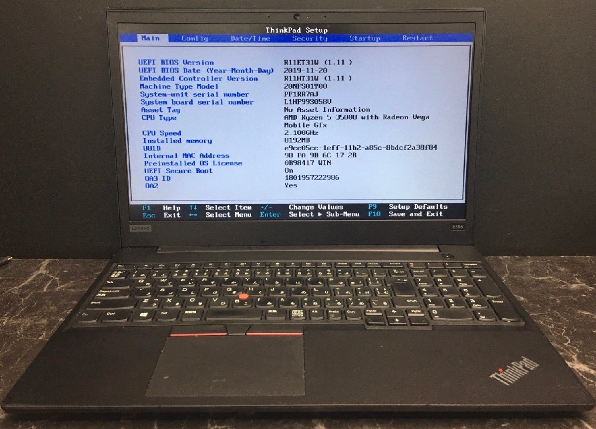 1円～ ■ジャンク LENOVO ThinkPad E595 / Ryzen 5 3500U 2.10GHz / メモリ 8GB / NVMe SSD 128GB / 15.6型 / OS有り / BIOS起動可_画像2