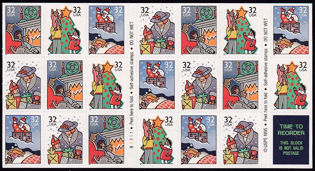 19 米国・クリスマス【未使用】＜ 1996 SC#3116a 切手帳ペーン（シール式）＞_画像1