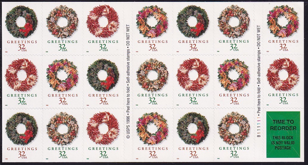 26 米国・クリスマス【未使用】＜ 1998 SC#3248b クリスマス・リース 切手帳ペーン（シール式）＞_画像1