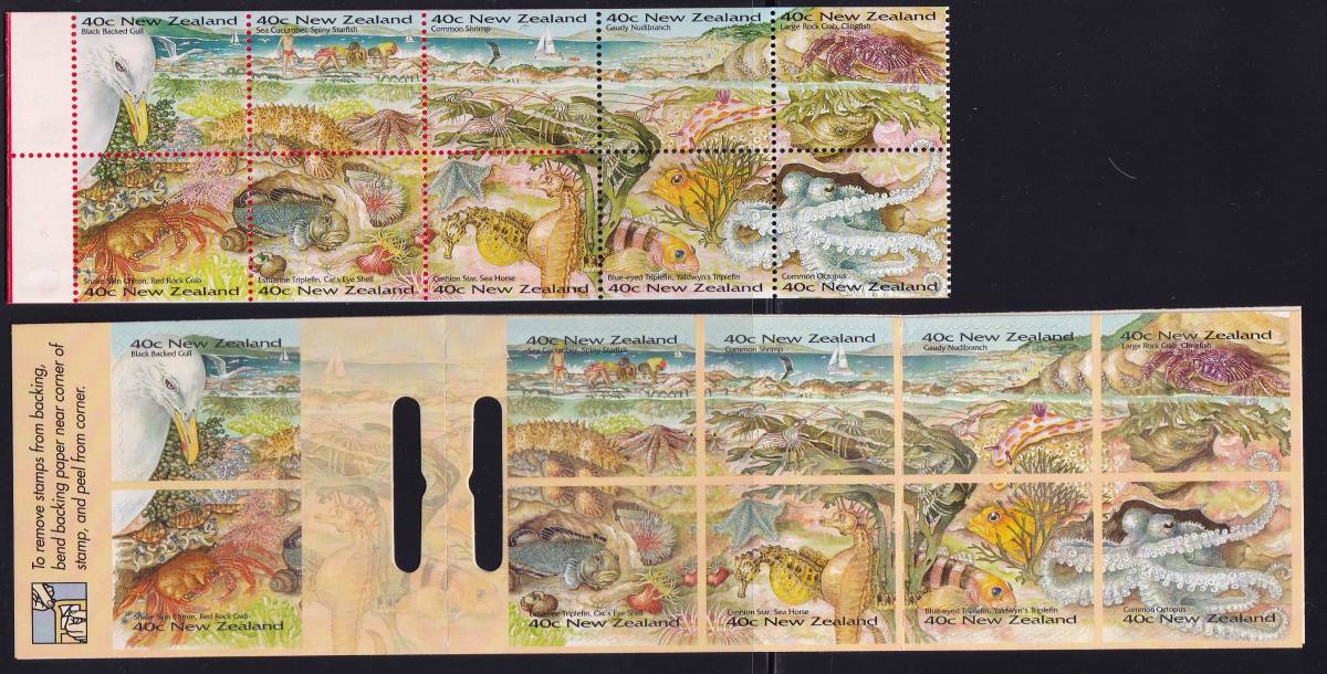 38 ニュージーランド【未使用】＜「1996 海洋生物」　切手帳（10種連刷・ペーン）、セルフ糊切手帳 ＞_画像1