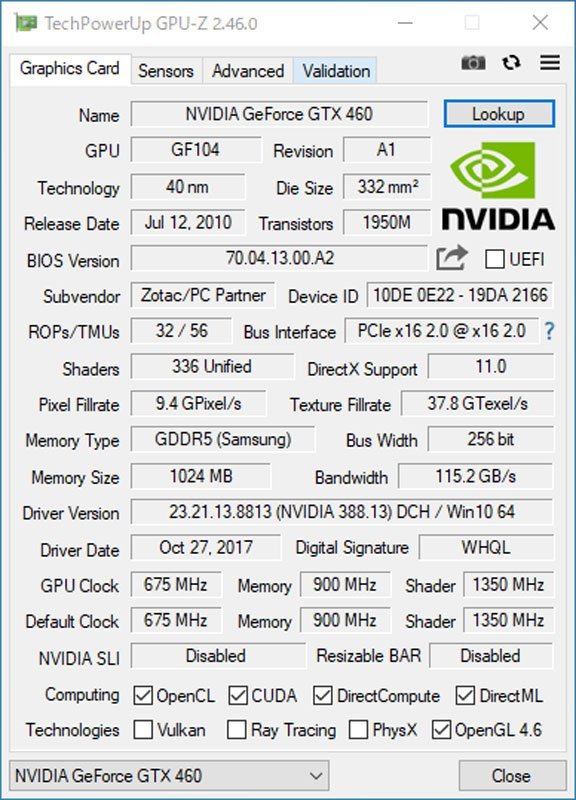 中古グラフィックカード 動作確認済 WinXP～Win10 LINUX ★ ZOTAC NVIDIA GeForce GTX 460 GDDR5 1GB 256bit DVI/HDMI/DP #1807-K_画像5