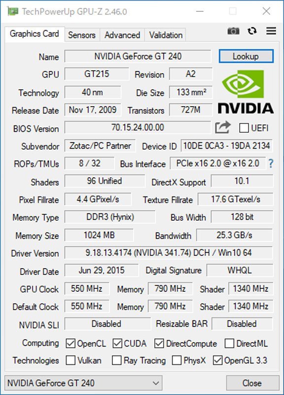 中古グラフィックカード 動作確認済 WinXP～Win10 LINUX ★ ZOTAC NVIDIA GeForce GT 240 GDDR3 2GB 128bit VGA/DVI/HDMI #1833-K_画像4