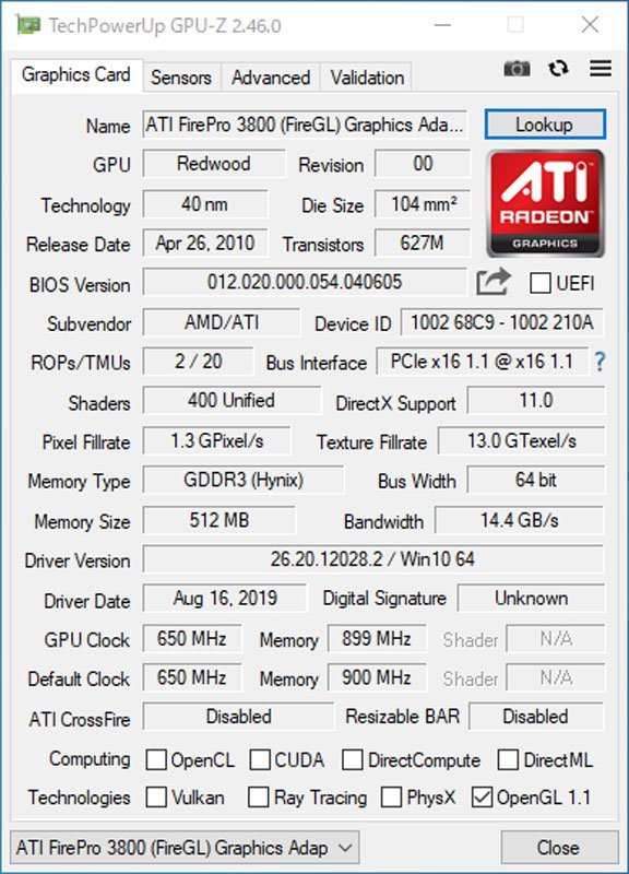 中古グラフィックカード 動作確認済 WinXP～Win10 LINUX ★ AMD FirePro V3800 GDDR3 512MB 64bit DVI/DisplayPort #1844-K_画像4