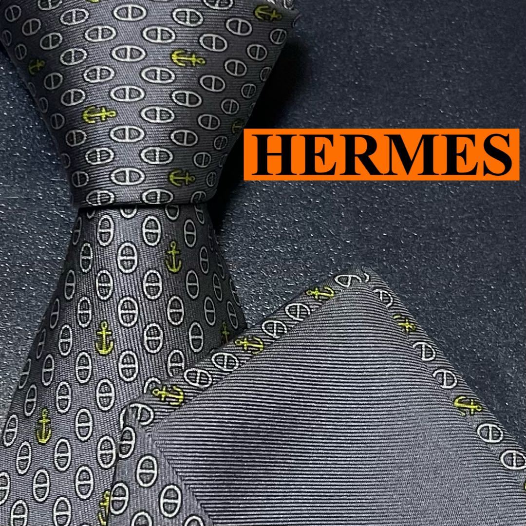 極美品 ネクタイ HERMES エルメス 現行 シルク ファソネH H柄 H織 Hマイヨン イカリ 刺繍 ジャガード ビジネス メンズ 通勤 グレー 灰色_画像1