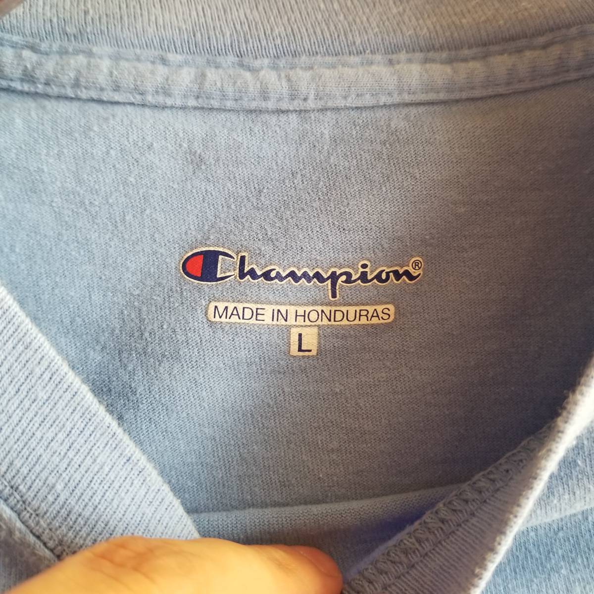 champion チャンピョン トップス Tシャツ ラウンドネック ロゴ 無地 半袖 メンズ サイズL 青系 Au398_画像7