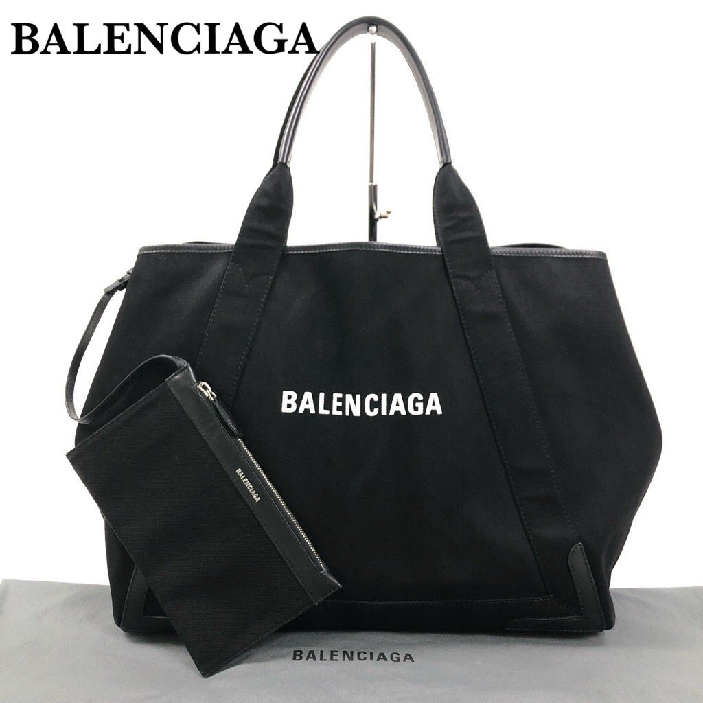 良品 BALENCIAGA バレンシアガ ネイビーカバス M トートバッグ ポーチ付 黒×黒 ハンドバッグ キャンバス×レザー 339936 正規品 最落無_画像1