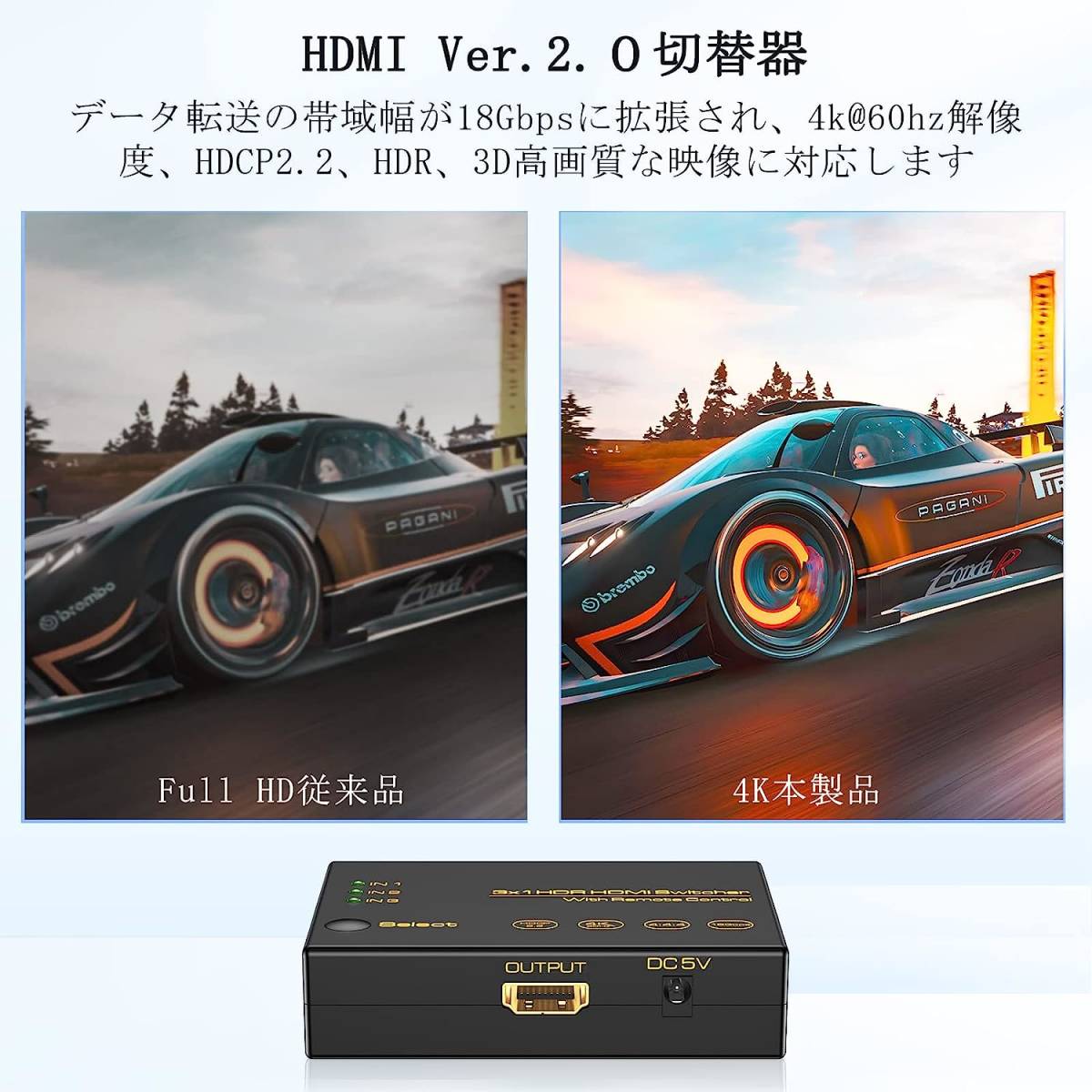 高品質HDMI2.0切替器3入力1出力【PS5/PS4/Nintendo Switch動作確認済み】4K60Hz3D HDCP2.2HDR対応 リモコン付属