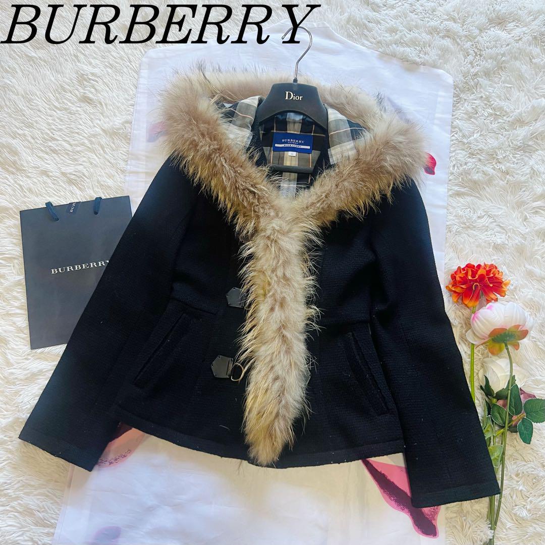 【良品】BURBERRY BLUE LABEL ダッフルコート 36 ファー バーバリーブルーレーベル S ショート丈 ラクーンファー リアルファー_画像1