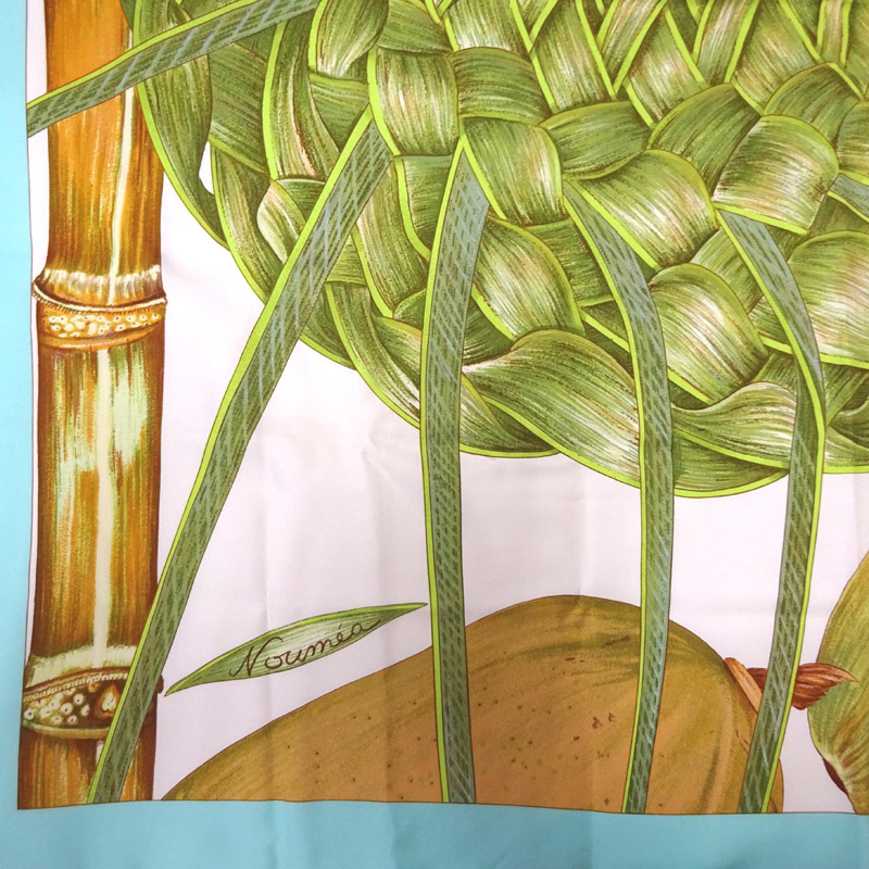 ［飯能本店］HERMES エルメス カレ90 Jardin Creole クレオルの楽園 スカーフ シルク100％ グリーン×ブルー レディース DH78423_画像5