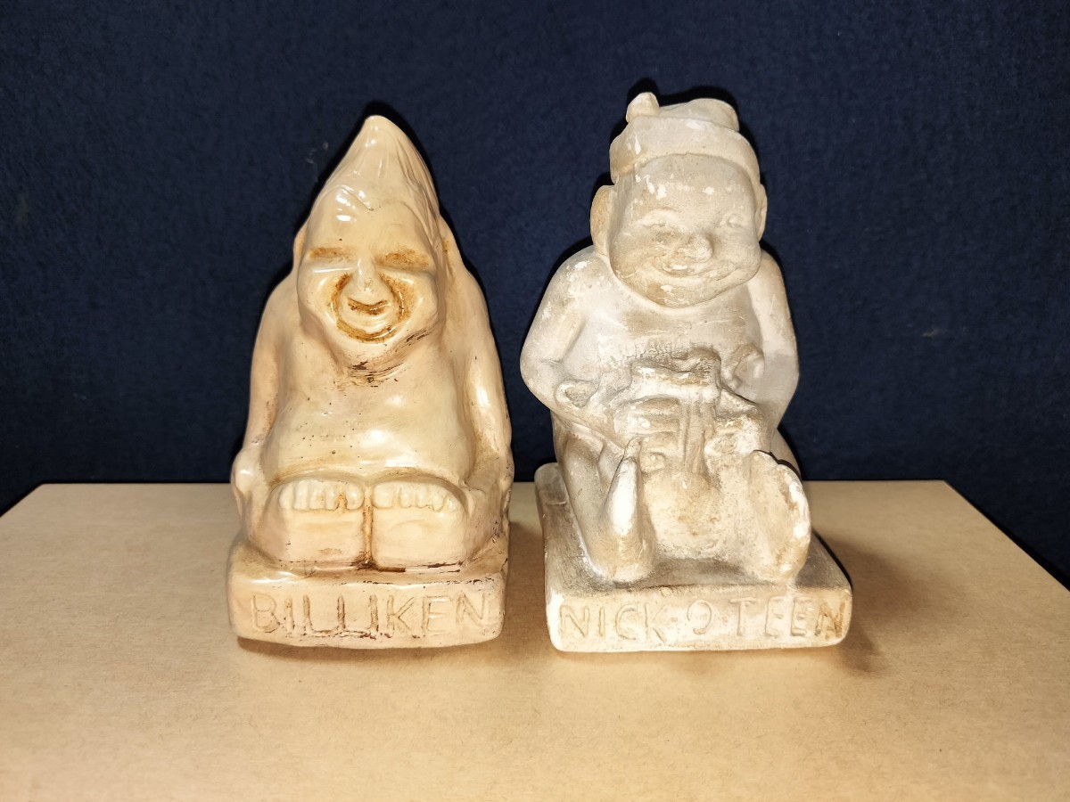 人形 2点 守り神 BILLIKEN NICK-O-TEEN 縁起物 置物 オブジェ 仏像 アンティーク 貯金箱 大阪 玩具 石膏 郷土人形 ビリケン 戦前 _画像1