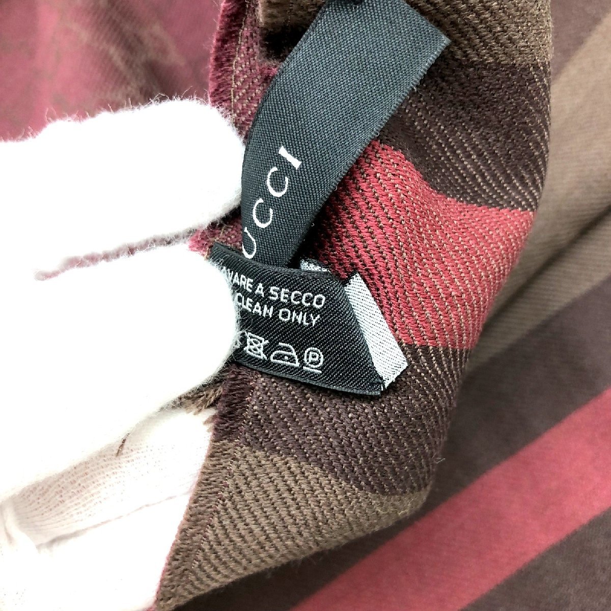 GUCCI グッチ 【5477D】 マフラー シェリーライン ワインレッド ブラウン ウール GG柄 イタリア製_画像5