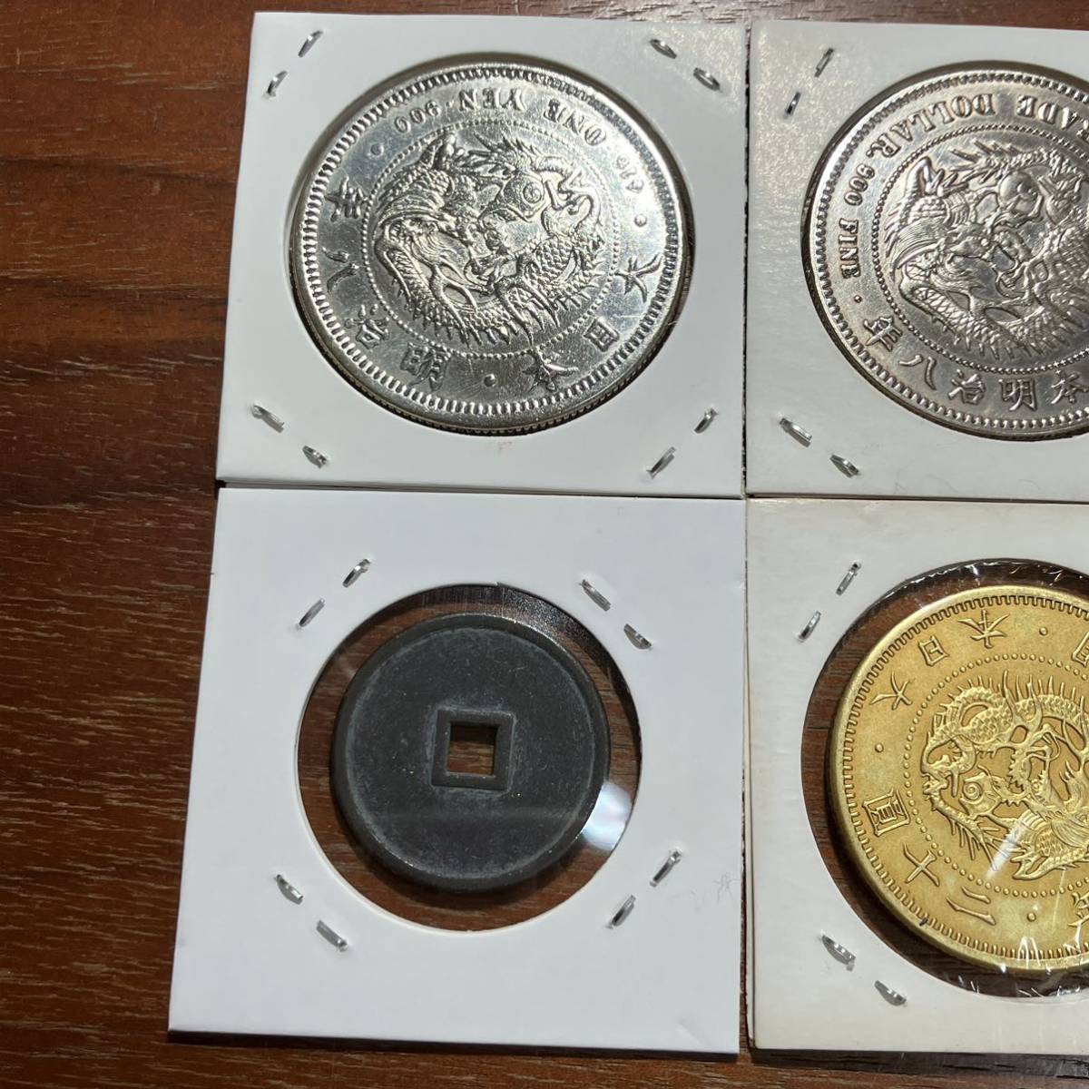 2648,,,日本古銭4枚　和同開珎　丸銀　一圓銀貨　鍍金金貨　貨幣　アンティークコレクションコイン　貿易銀_画像5