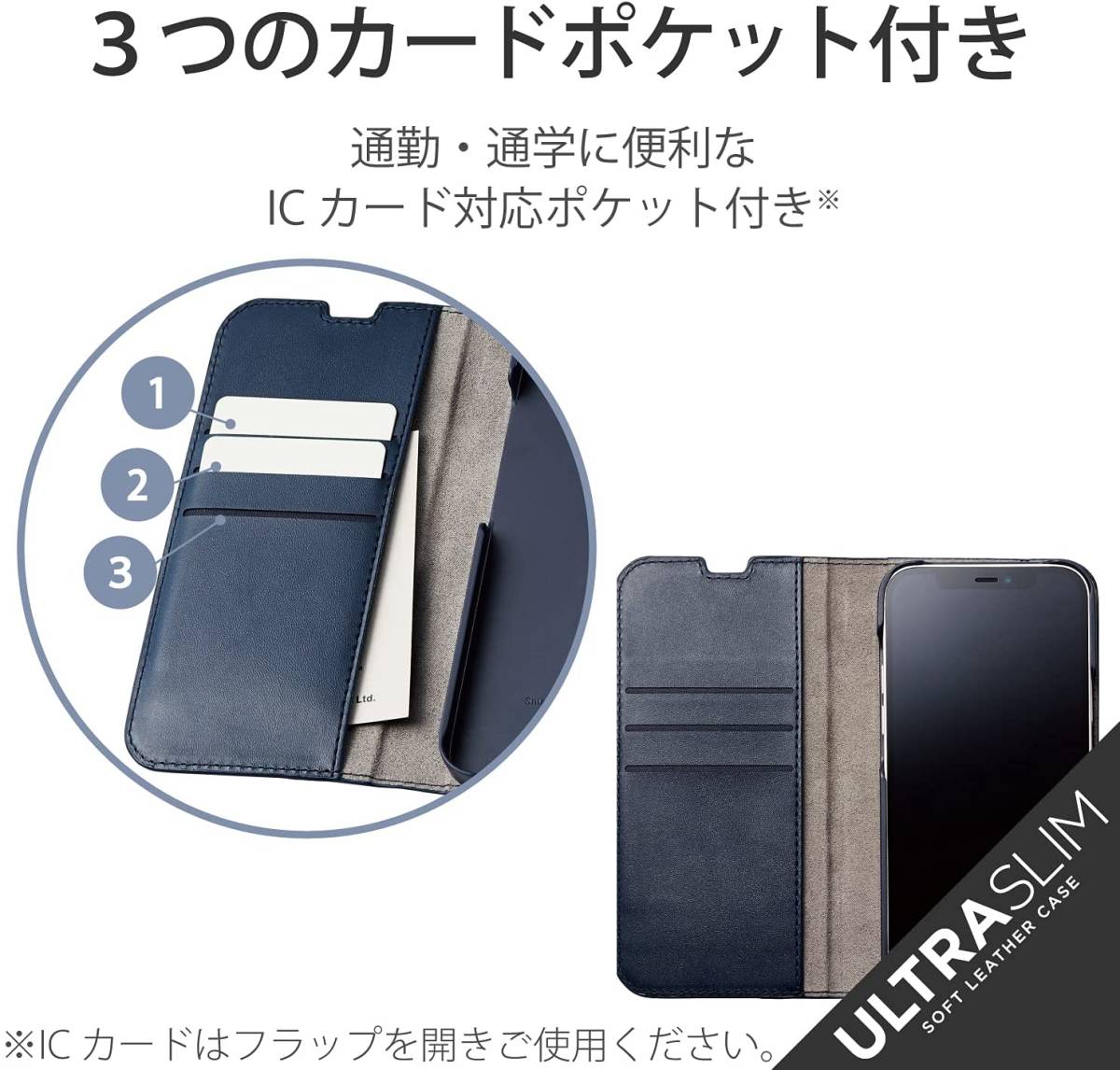 《送料無料》iPhone13 Proケース 手帳型ケース UltraSlim 三眼(ネイビー)　エレコム　ELECOM_画像3