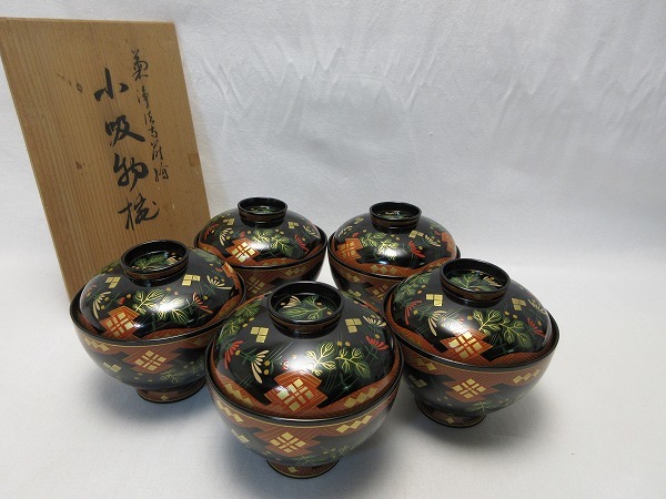 超特価激安 5客揃 小吸物椀 菊正法寺蒔絵 木製漆器 懐石道具 美品