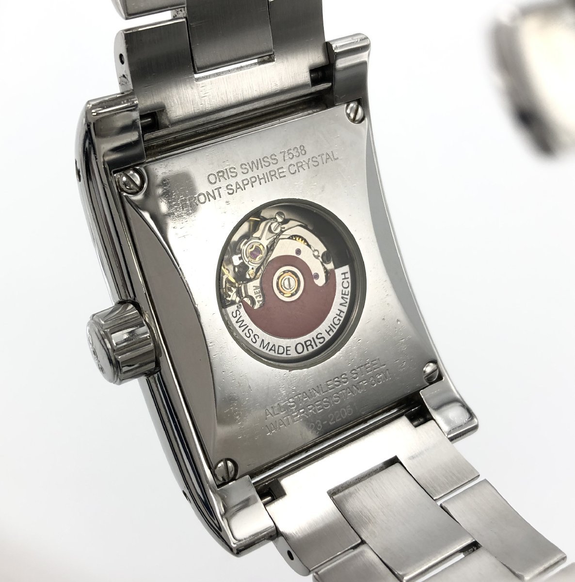 稼働品 ORIS オリス 腕時計 レクタンギュラー 7538 デイデイト スクエア 自動巻き AT メンズ シルバー文字盤 裏スケ ステンレス_画像6
