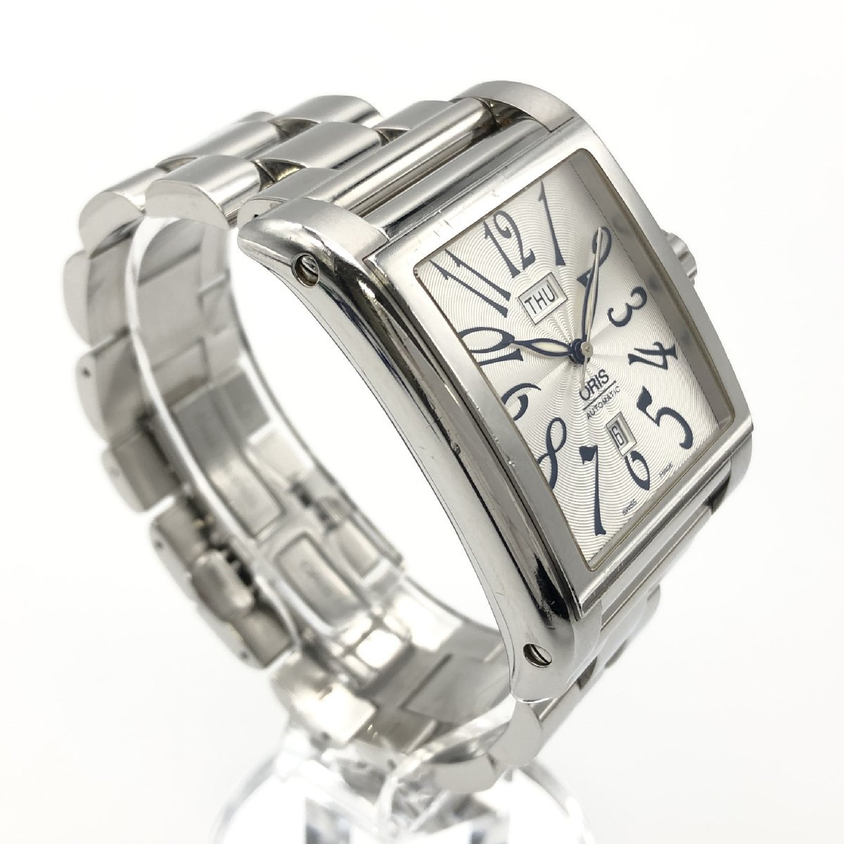 稼働品 ORIS オリス 腕時計 レクタンギュラー 7538 デイデイト スクエア 自動巻き AT メンズ シルバー文字盤 裏スケ ステンレス_画像2