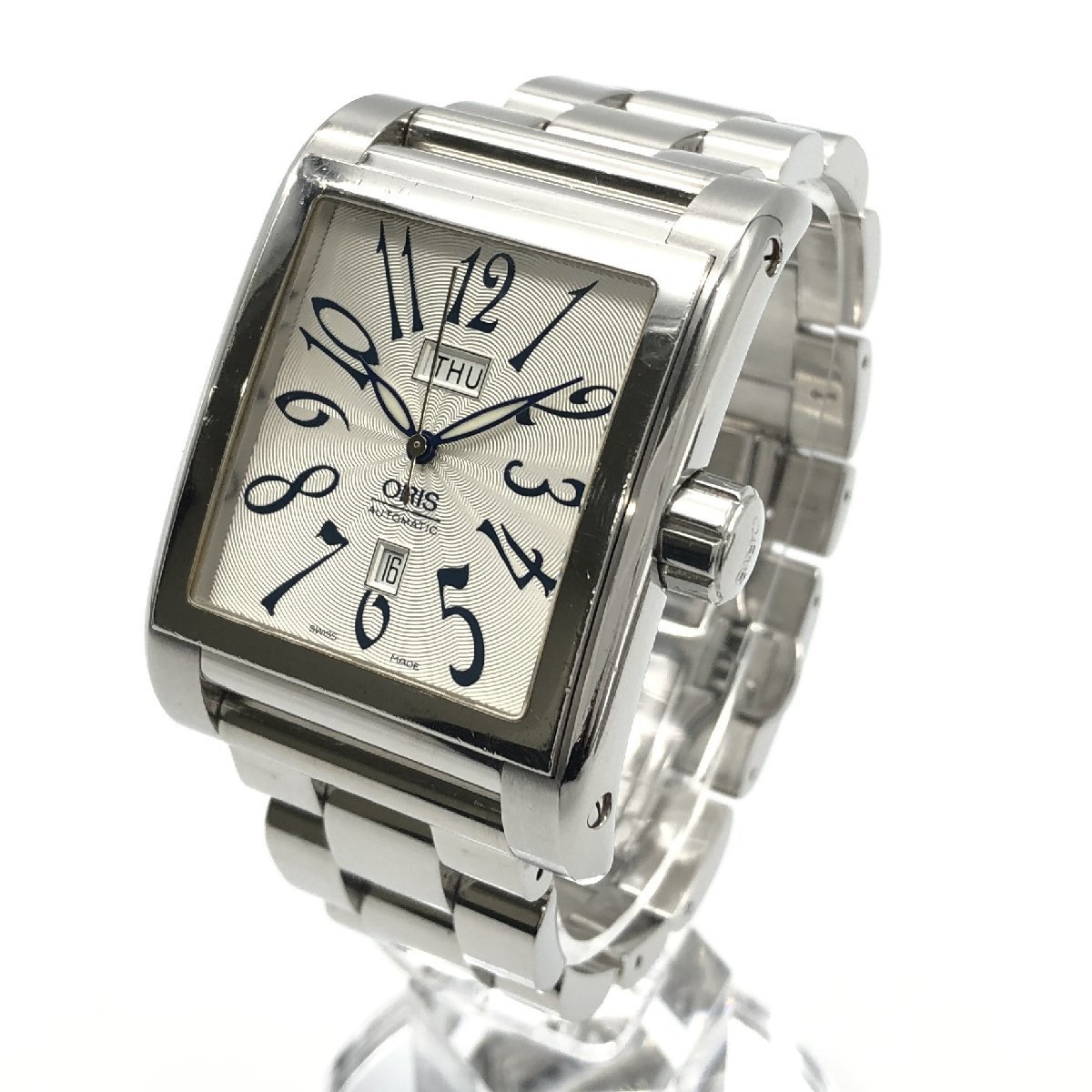 稼働品 ORIS オリス 腕時計 レクタンギュラー 7538 デイデイト スクエア 自動巻き AT メンズ シルバー文字盤 裏スケ ステンレス_画像1